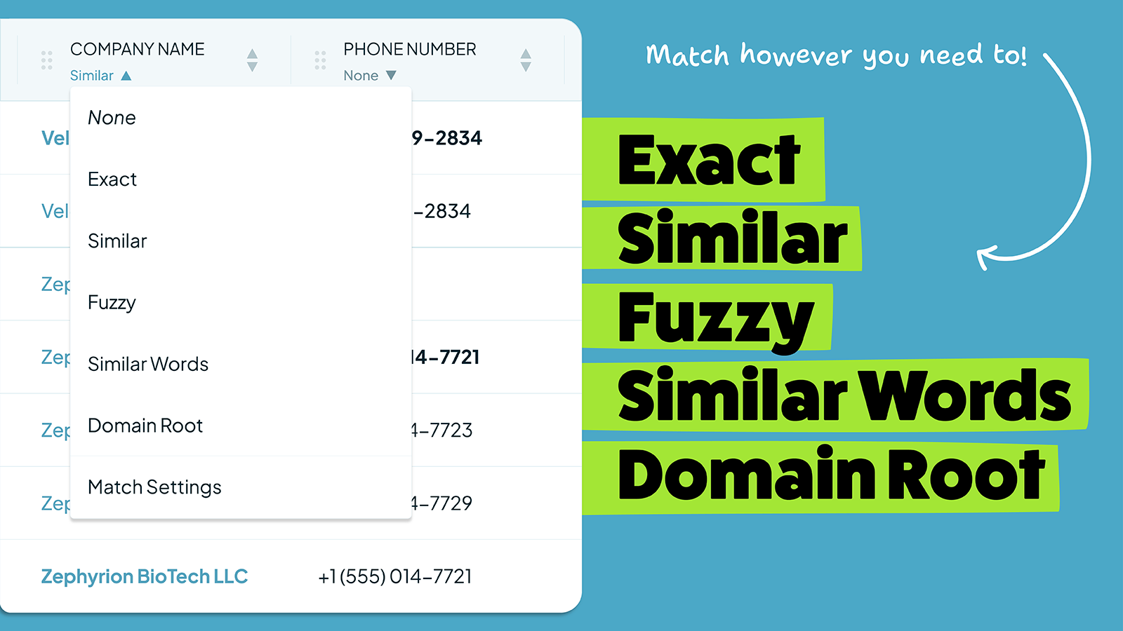 Dedupely gives you full control on what fields to match, and how to match them.