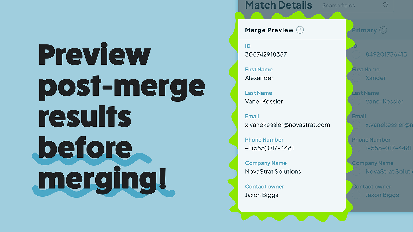 Use Dedupely preview to see what the resulting record will look like, before merging.